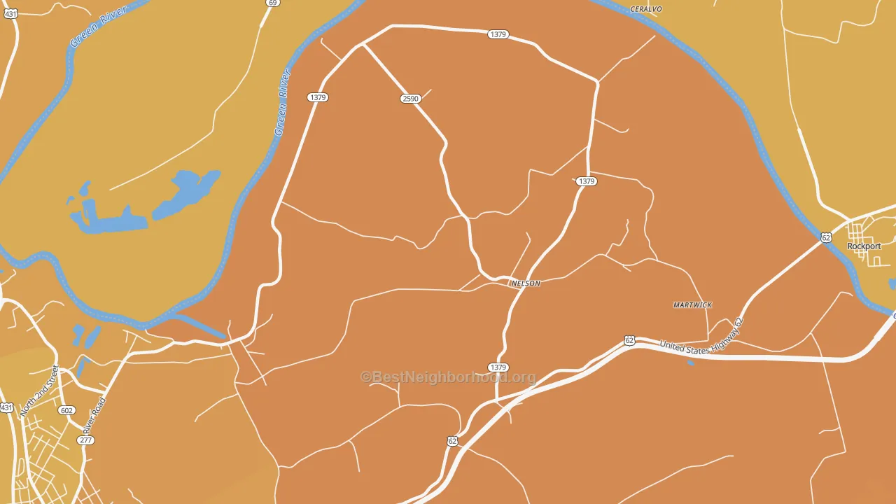 Map of the best neighborhoods in the Nelson area, with better matches in green and worse matches in red