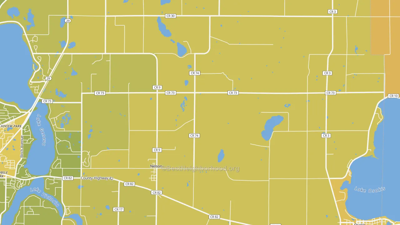 Map of the best neighborhoods in the Nelson area, with better matches in green and worse matches in red