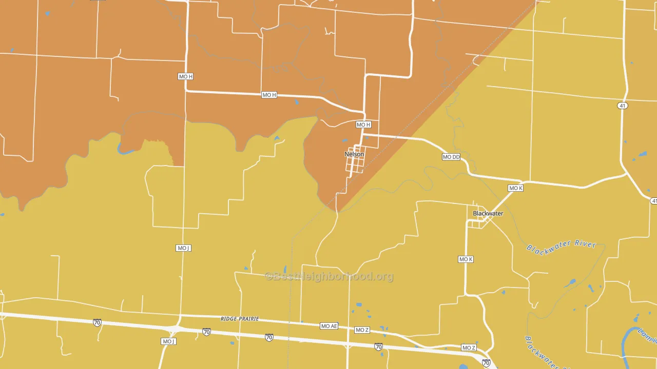 Map of the best neighborhoods in the Nelson area, with better matches in green and worse matches in red