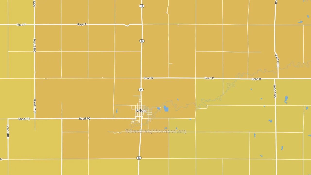 Map of the best neighborhoods in the Nelson area, with better matches in green and worse matches in red