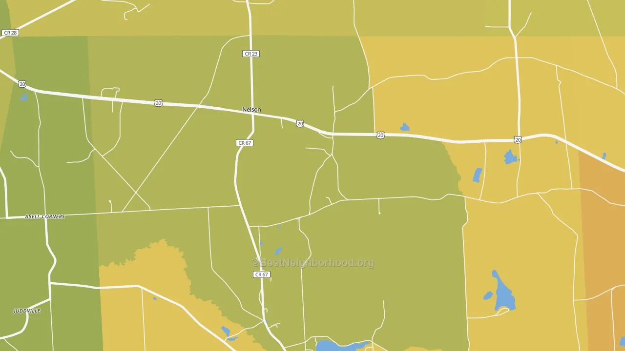 Map of the best neighborhoods in the Nelson area, with better matches in green and worse matches in red