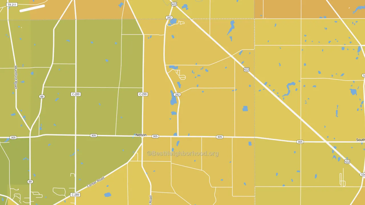 Map of the best neighborhoods in the Nelson area, with better matches in green and worse matches in red