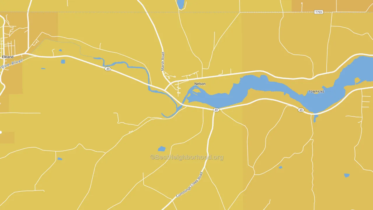 Map of the best neighborhoods in the Nelson area, with better matches in green and worse matches in red