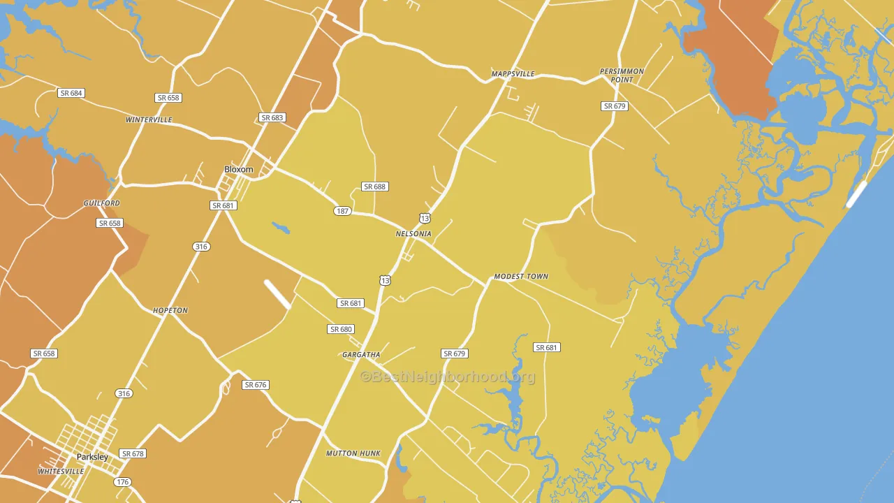 Map of the best neighborhoods in the Nelsonia area, with better matches in green and worse matches in red