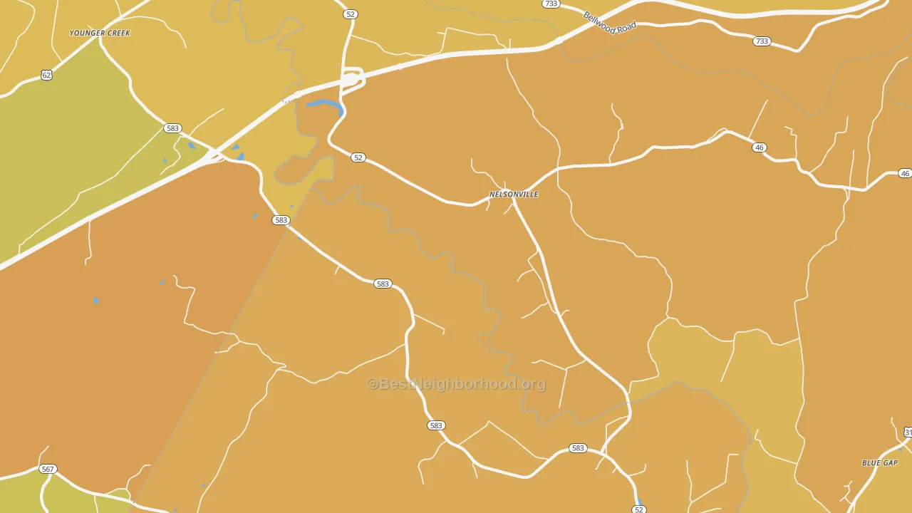 Map of the best neighborhoods in the Nelsonville area, with better matches in green and worse matches in red