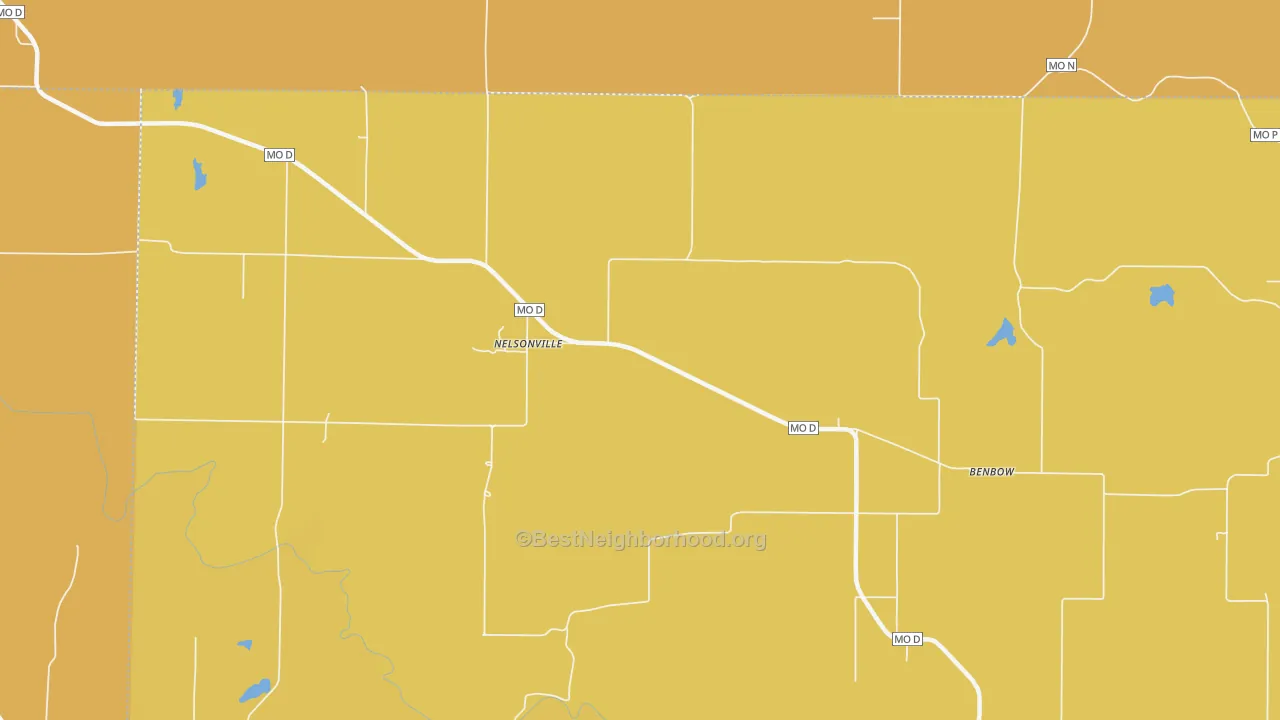 Map of the best neighborhoods in the Nelsonville area, with better matches in green and worse matches in red