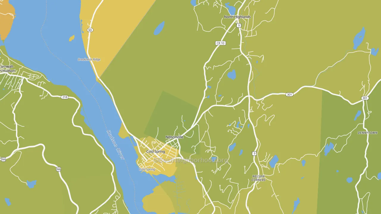 Map of the best neighborhoods in the Nelsonville area, with better matches in green and worse matches in red