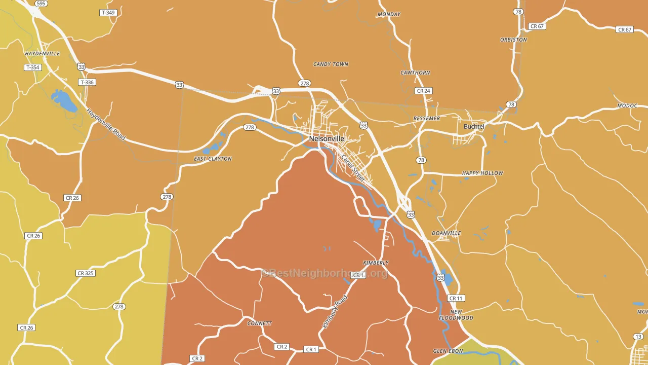 Map of the best neighborhoods in the Nelsonville area, with better matches in green and worse matches in red
