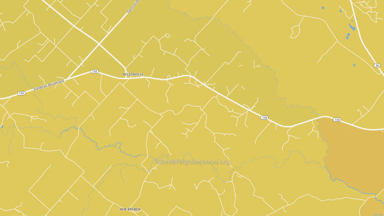 Map of the best neighborhoods in the Nelsonville area, with better matches in green and worse matches in red