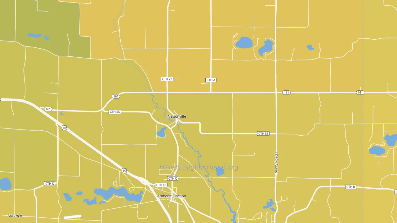 Map of the best neighborhoods in the Nelsonville area, with better matches in green and worse matches in red
