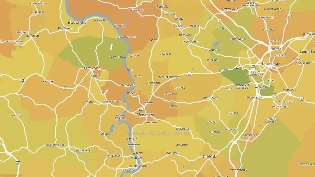 Map of the best neighborhoods in the Nemacolin area, with better matches in green and worse matches in red