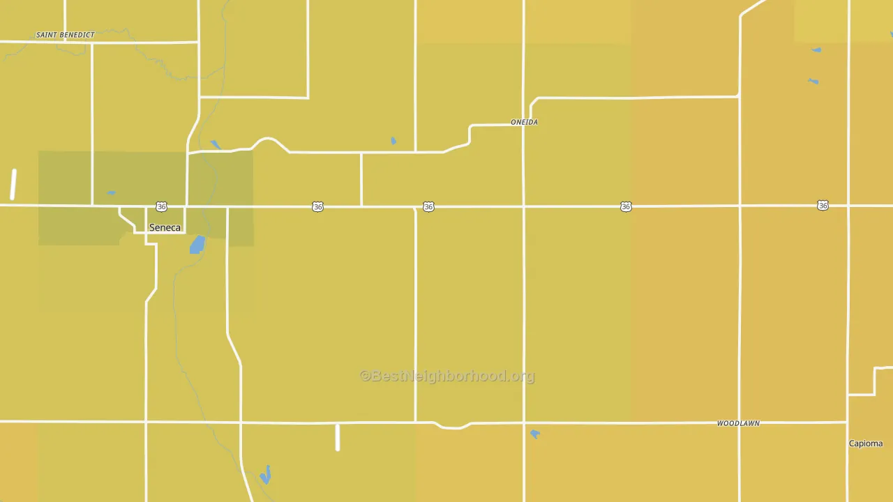 Map of the best neighborhoods in the Nemaha County area, with better matches in green and worse matches in red
