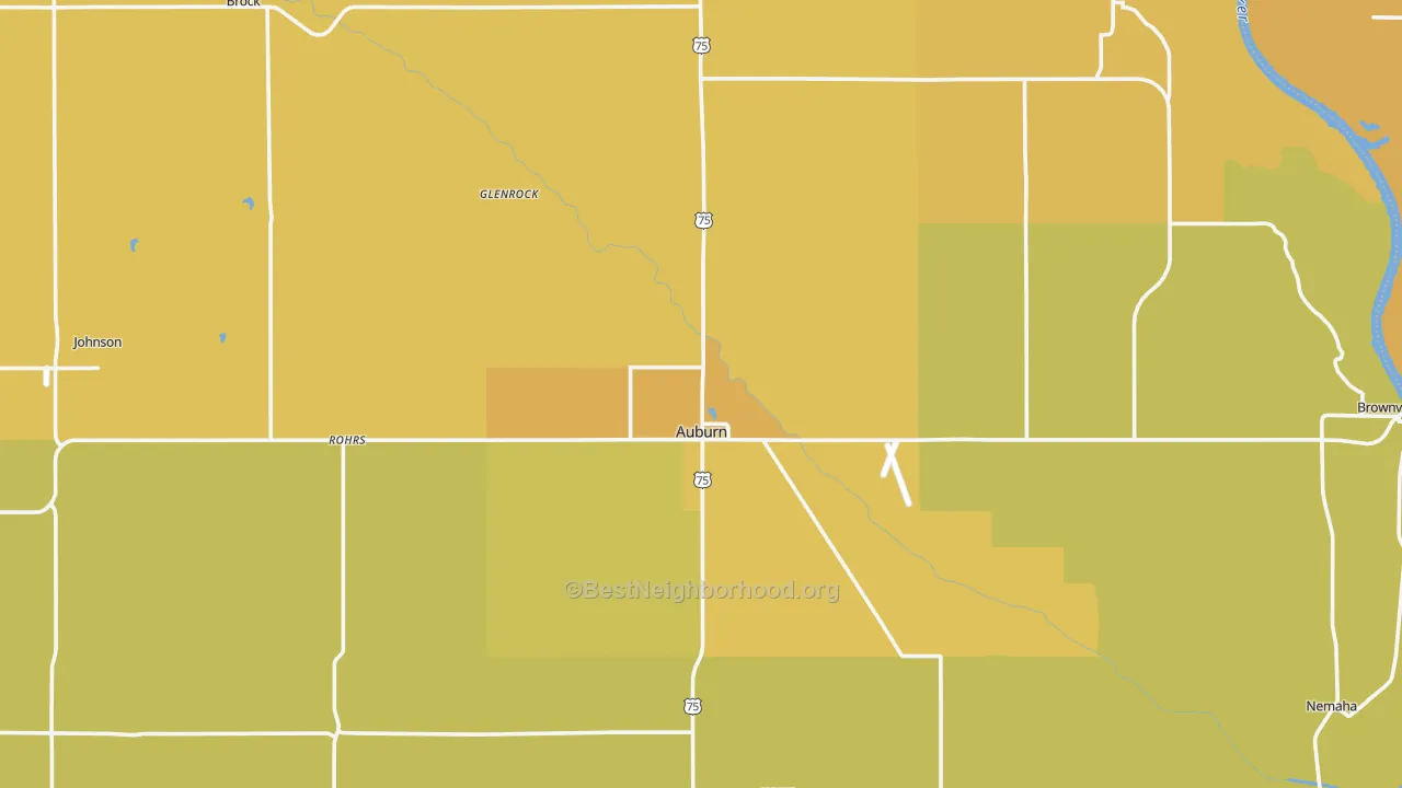 Map of the best neighborhoods in the Nemaha County area, with better matches in green and worse matches in red