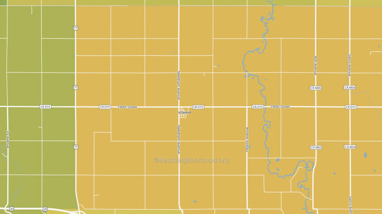 Map of the best neighborhoods in the Nemaha area, with better matches in green and worse matches in red