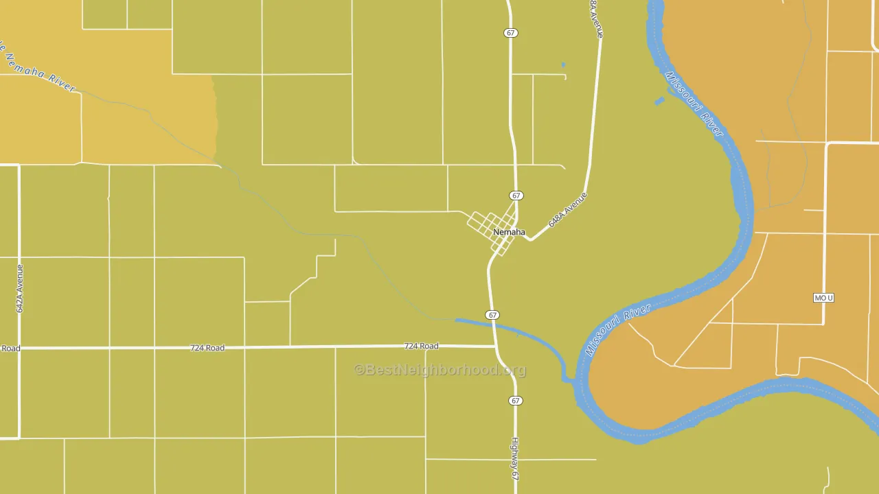 Map of the best neighborhoods in the Nemaha area, with better matches in green and worse matches in red