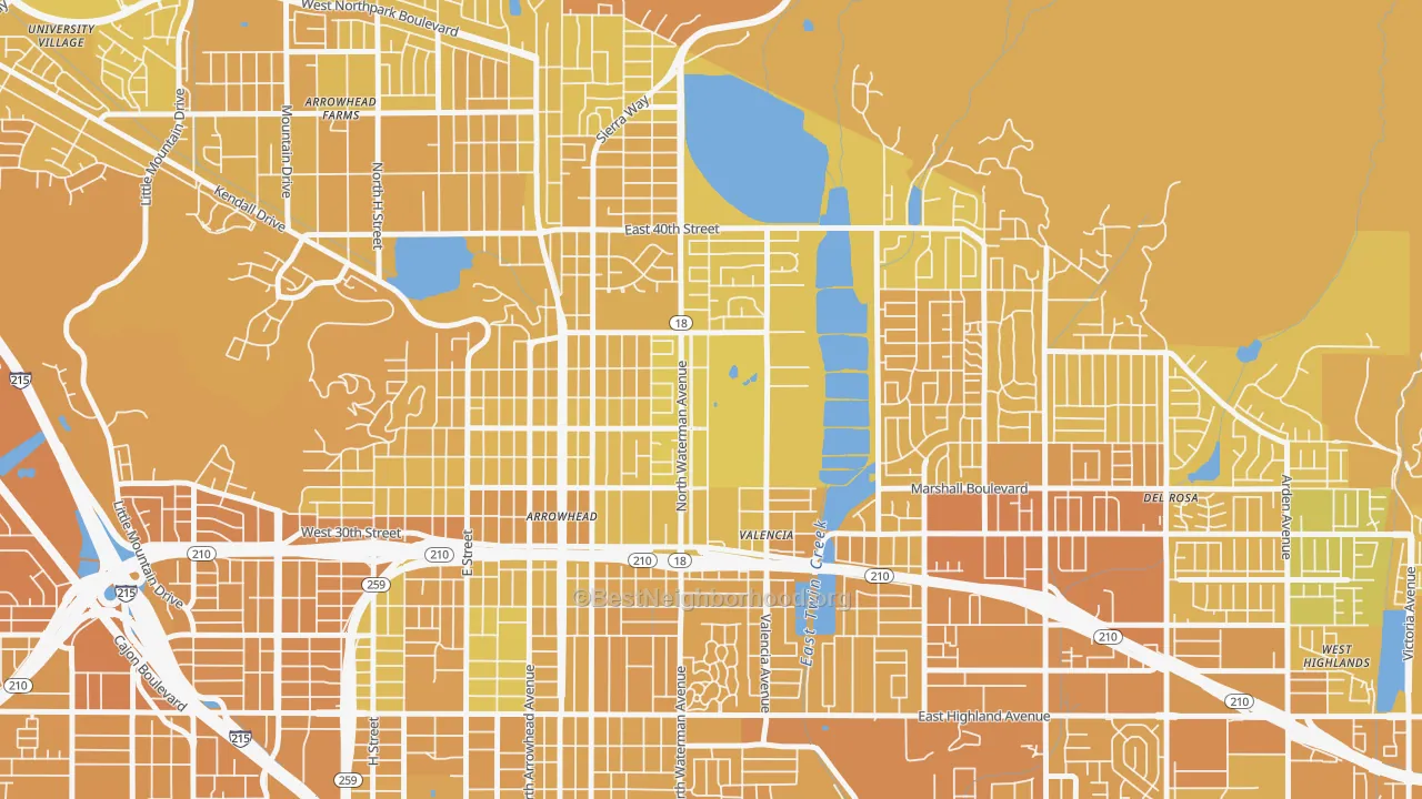 Map of the best neighborhoods in the Nena, San Bernardino area, with better matches in green and worse matches in red