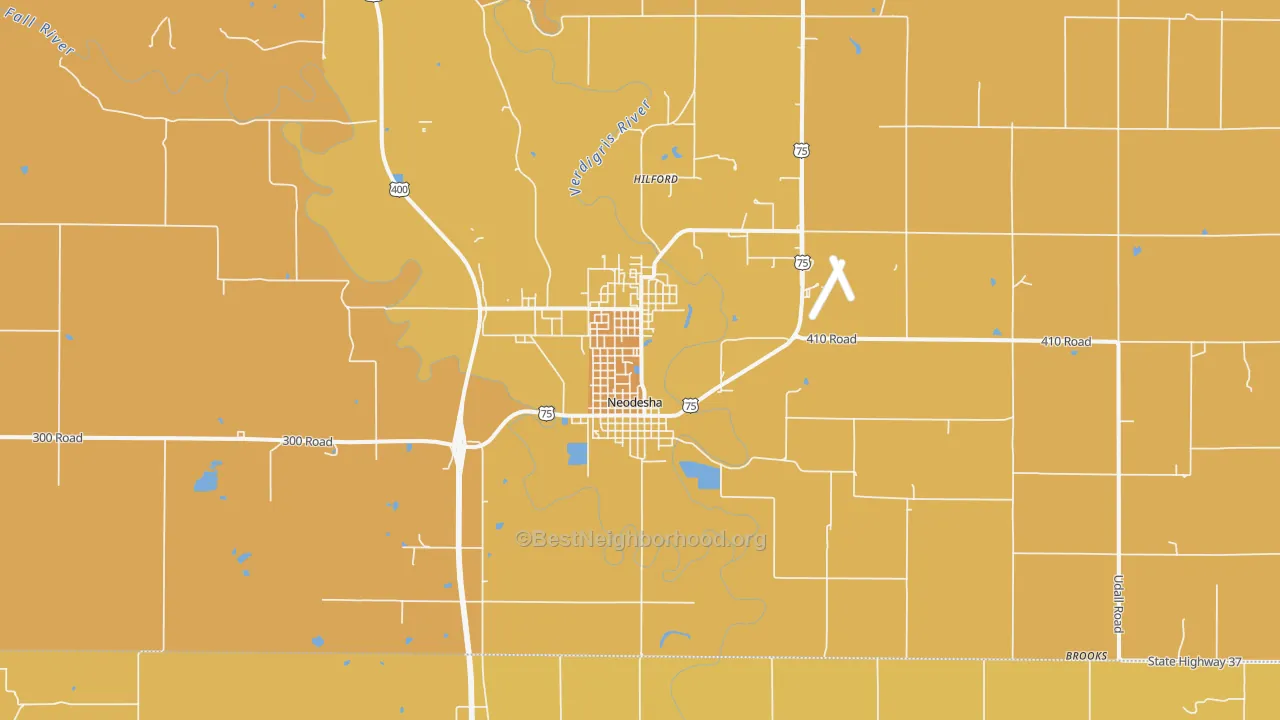 Map of the best neighborhoods in the Neodesha area, with better matches in green and worse matches in red