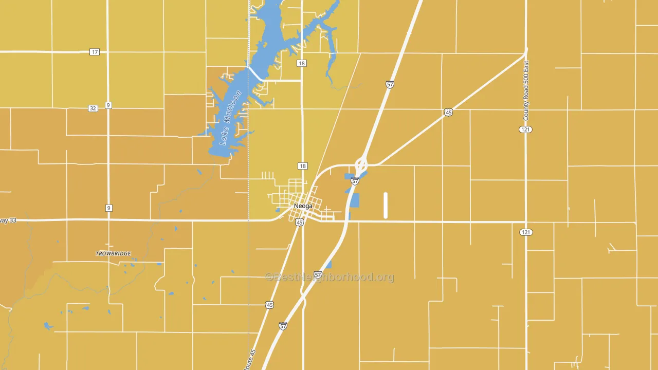 Map of the best neighborhoods in the Neoga area, with better matches in green and worse matches in red