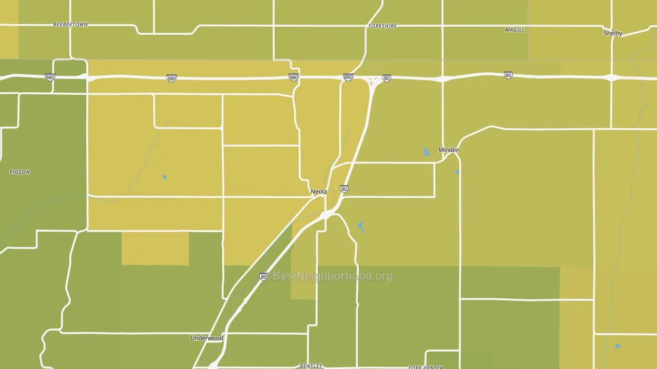 Map of the best neighborhoods in the Neola area, with better matches in green and worse matches in red