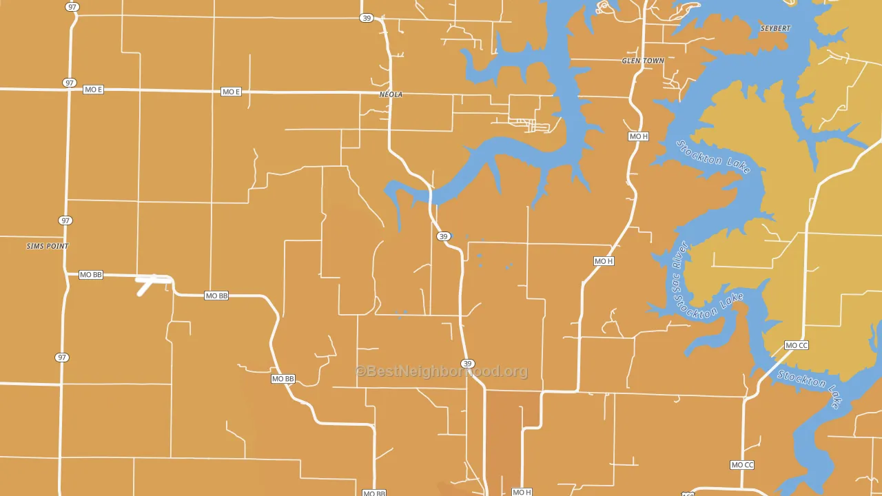 Map of the best neighborhoods in the Neola area, with better matches in green and worse matches in red