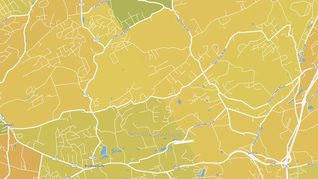 Map of the best neighborhoods in the Neola area, with better matches in green and worse matches in red