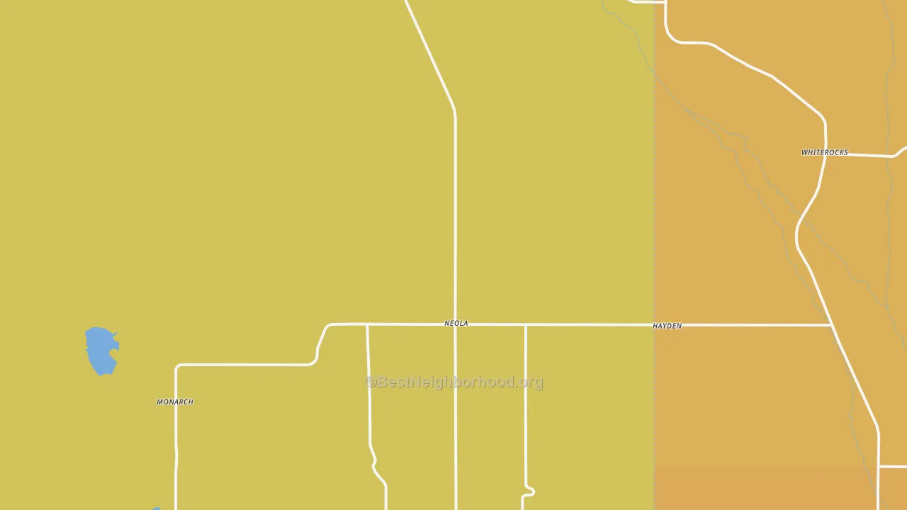 Map of the best neighborhoods in the Neola area, with better matches in green and worse matches in red