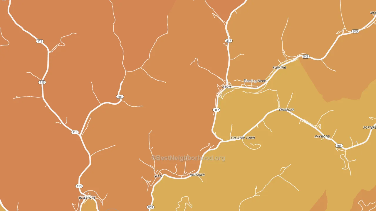 Map of the best neighborhoods in the Neon area, with better matches in green and worse matches in red