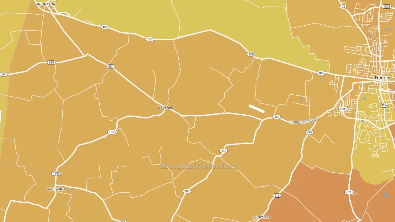 Map of the best neighborhoods in the Neosheo area, with better matches in green and worse matches in red