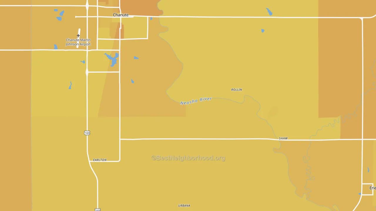 Map of the best neighborhoods in the Neosho County area, with better matches in green and worse matches in red