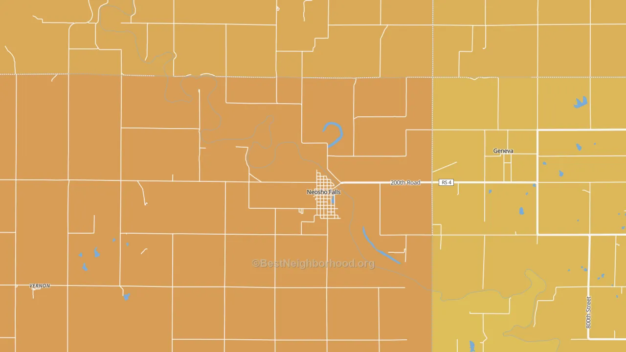 Map of the best neighborhoods in the Neosho Falls area, with better matches in green and worse matches in red