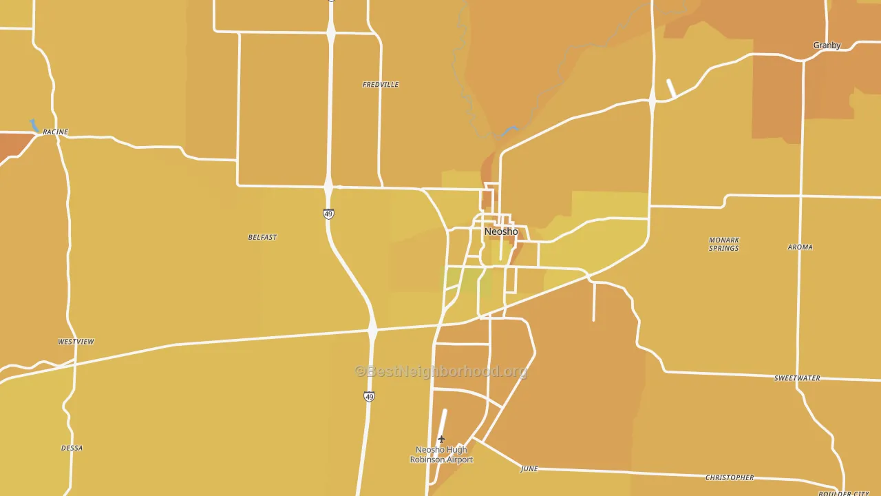 Map of the best neighborhoods in the Neosho area, with better matches in green and worse matches in red