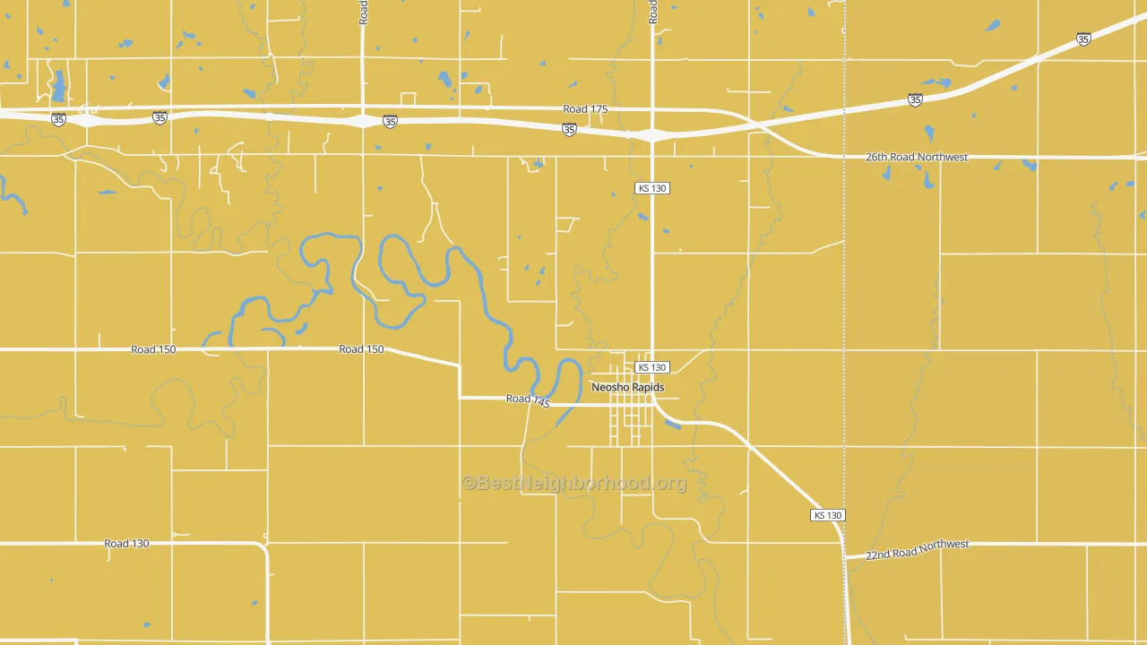Map of the best neighborhoods in the Neosho Rapids area, with better matches in green and worse matches in red