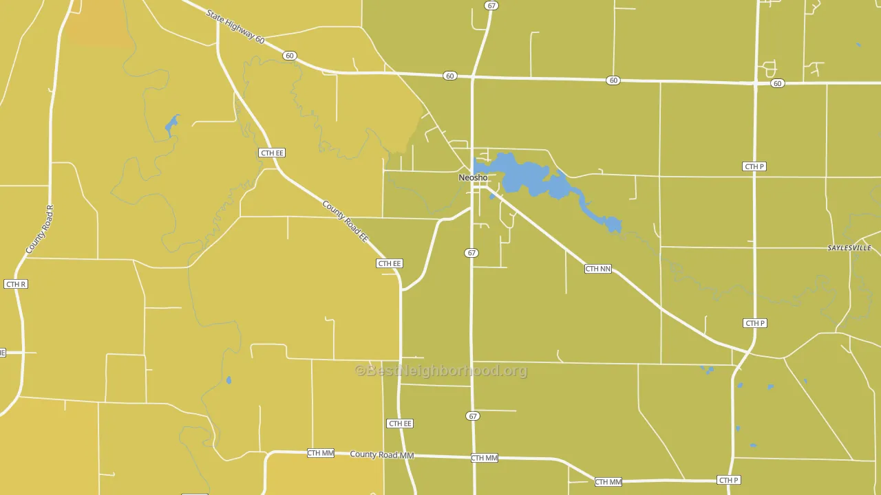 Map of the best neighborhoods in the Neosho area, with better matches in green and worse matches in red