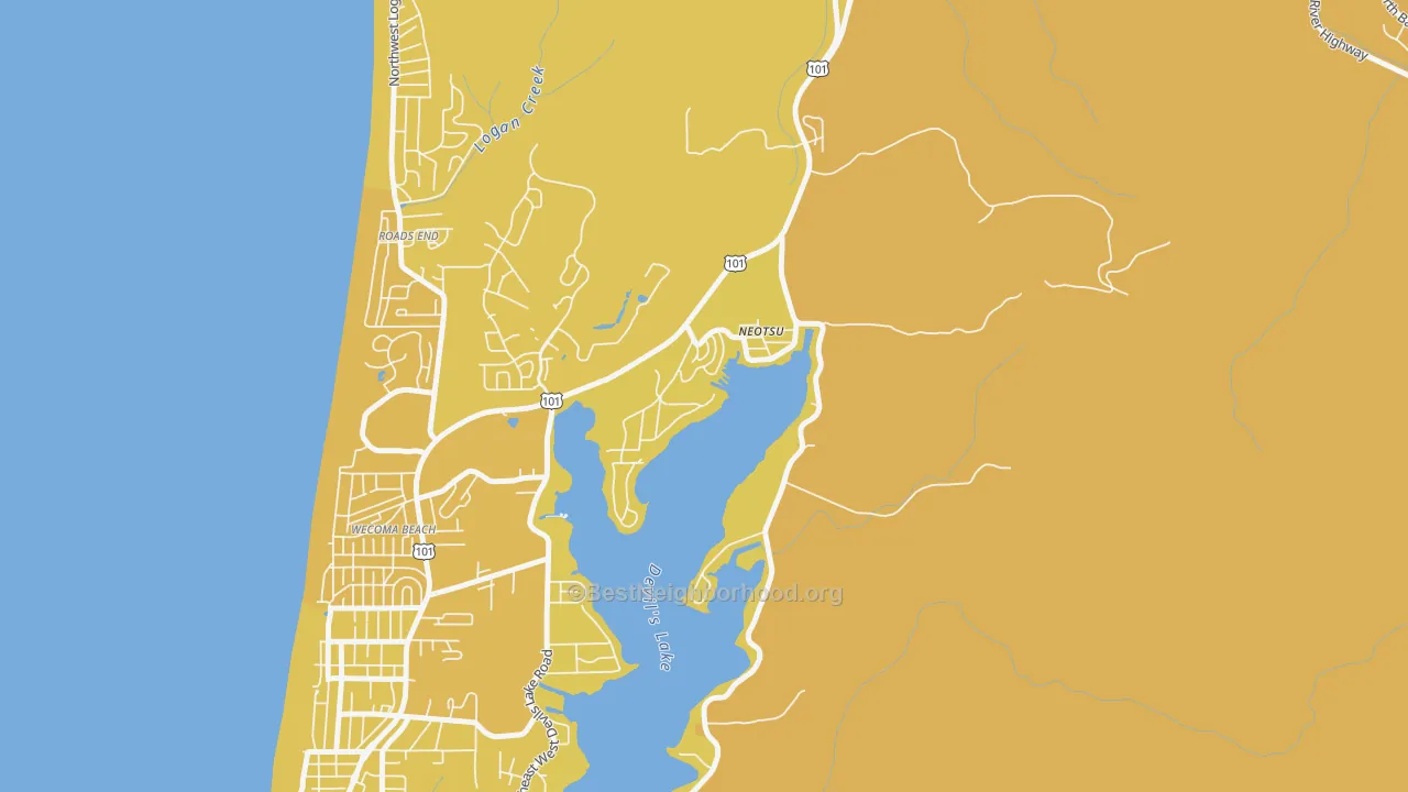 Map of the best neighborhoods in the Neotsu area, with better matches in green and worse matches in red