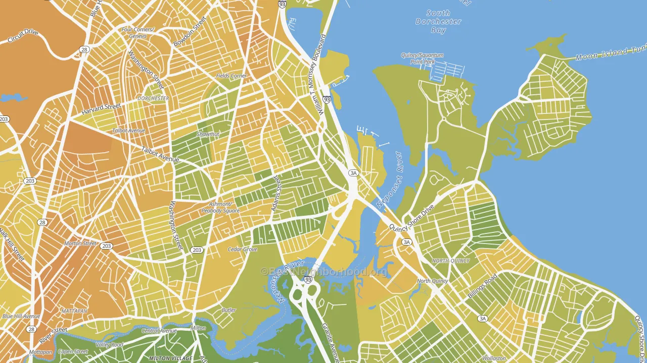 Map of the best neighborhoods in the Neponset, Boston area, with better matches in green and worse matches in red