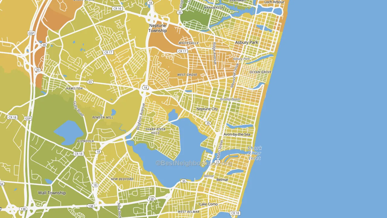 Map of the best neighborhoods in the Neptune City area, with better matches in green and worse matches in red
