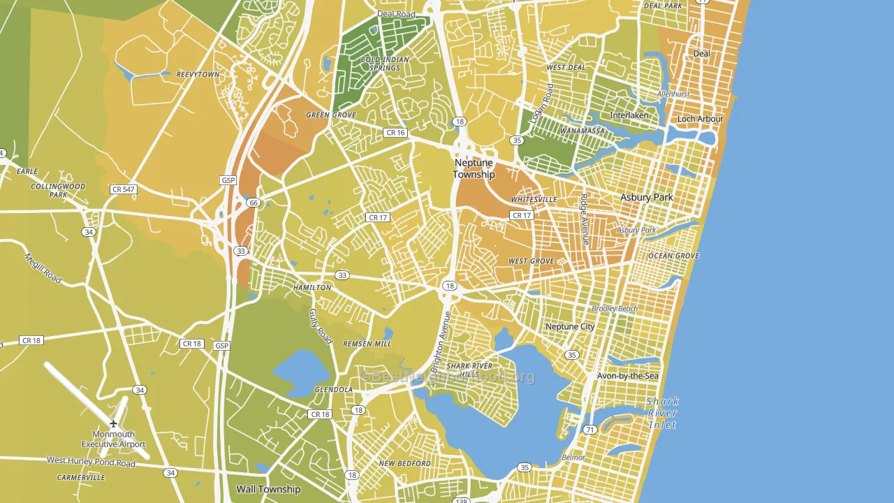 Map of the best neighborhoods in the Neptune area, with better matches in green and worse matches in red