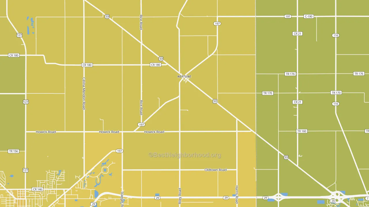 Map of the best neighborhoods in the Neptune area, with better matches in green and worse matches in red