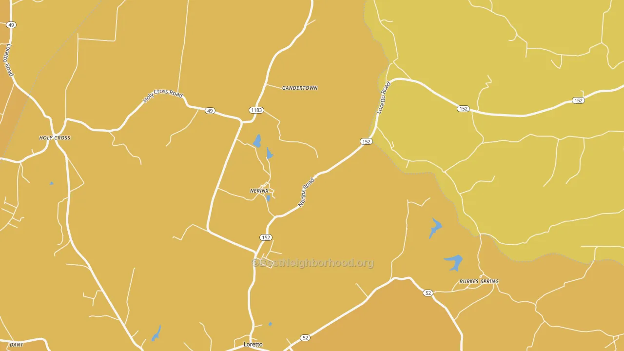 Map of the best neighborhoods in the Nerinx area, with better matches in green and worse matches in red