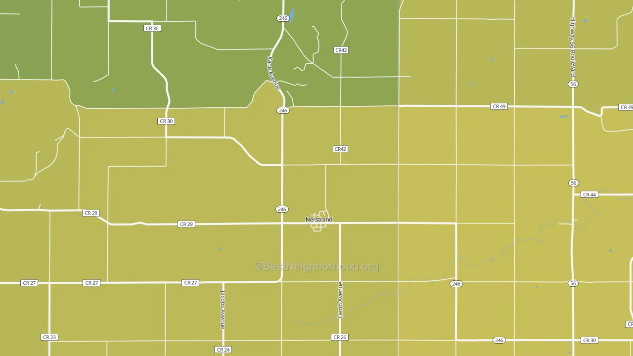 Map of the best neighborhoods in the Nerstrand area, with better matches in green and worse matches in red
