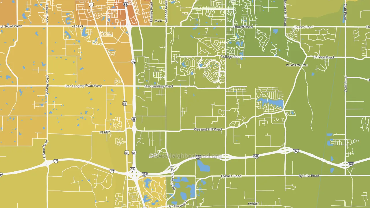 Map of the best neighborhoods in the Nesbit area, with better matches in green and worse matches in red