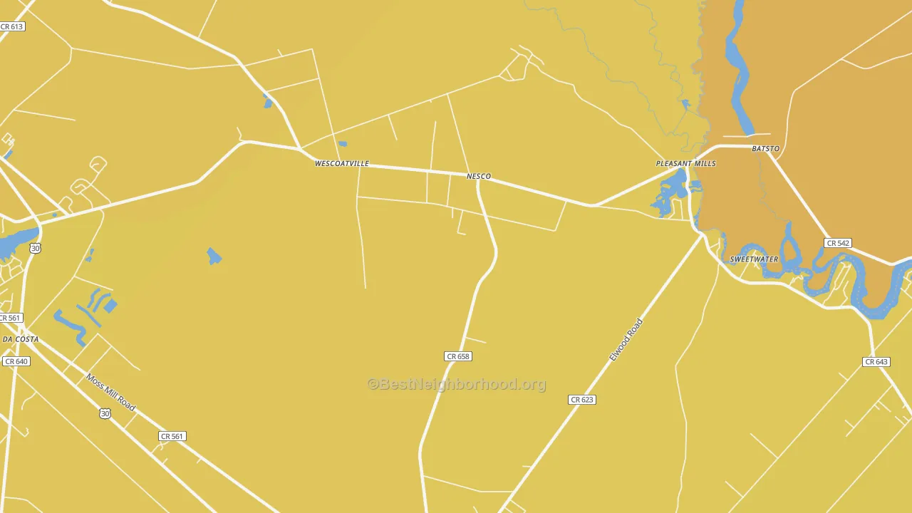 Map of the best neighborhoods in the Nesco area, with better matches in green and worse matches in red