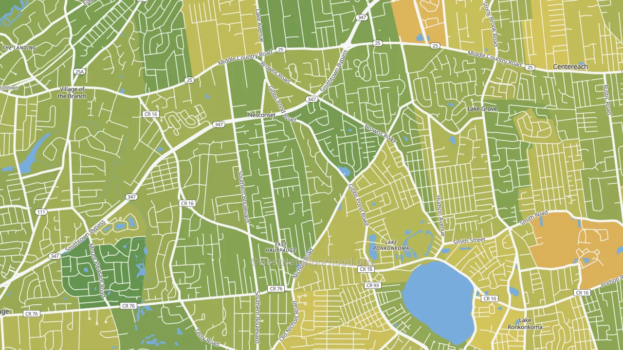 Map of the best neighborhoods in the Nesconset area, with better matches in green and worse matches in red