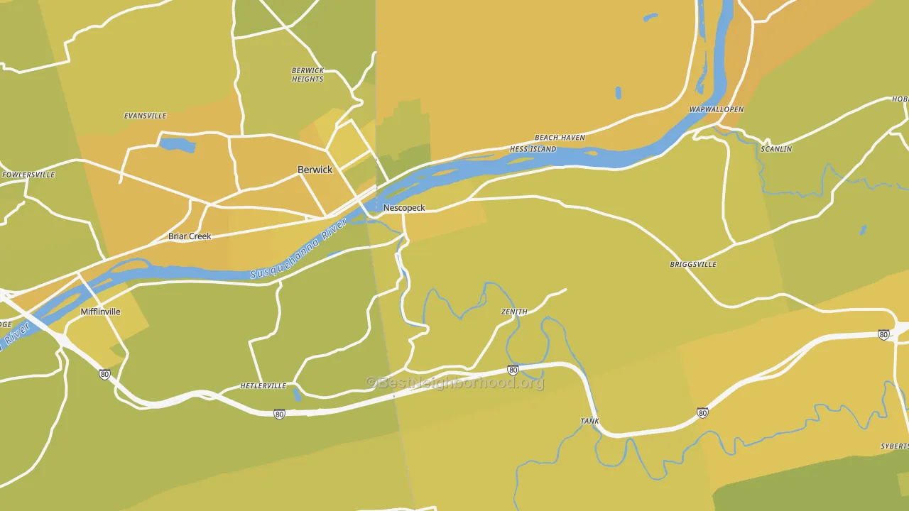 Map of the best neighborhoods in the Nescopeck area, with better matches in green and worse matches in red