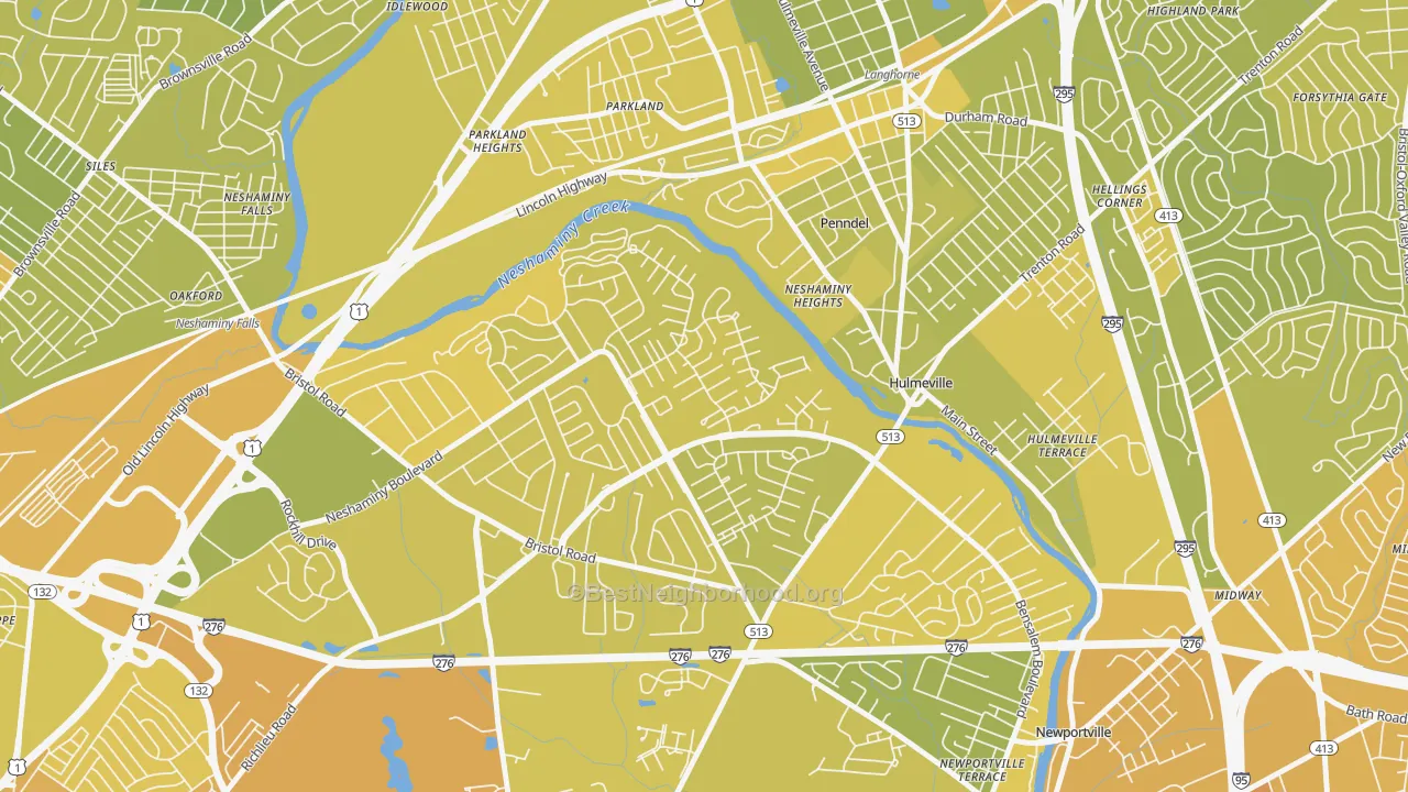 Map of the best neighborhoods in the Neshaminy Valley, Bensalem area, with better matches in green and worse matches in red