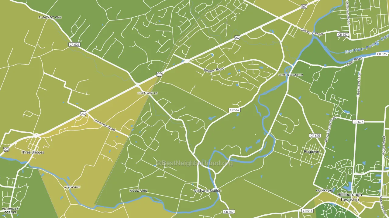 Map of the best neighborhoods in the Neshanic Station area, with better matches in green and worse matches in red