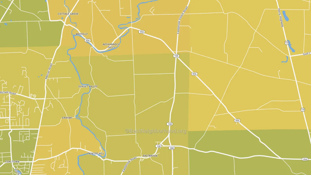 Map of the best neighborhoods in the Neshannock Falls area, with better matches in green and worse matches in red