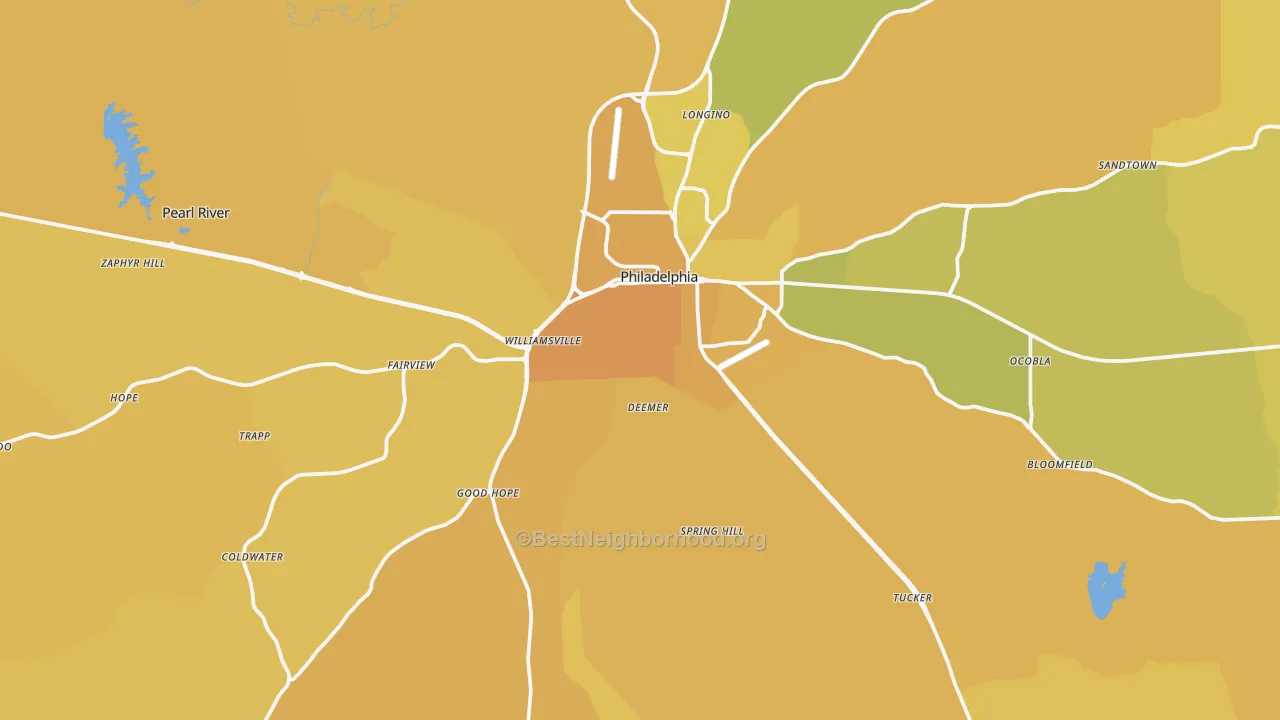 Map of the best neighborhoods in the Neshoba County area, with better matches in green and worse matches in red