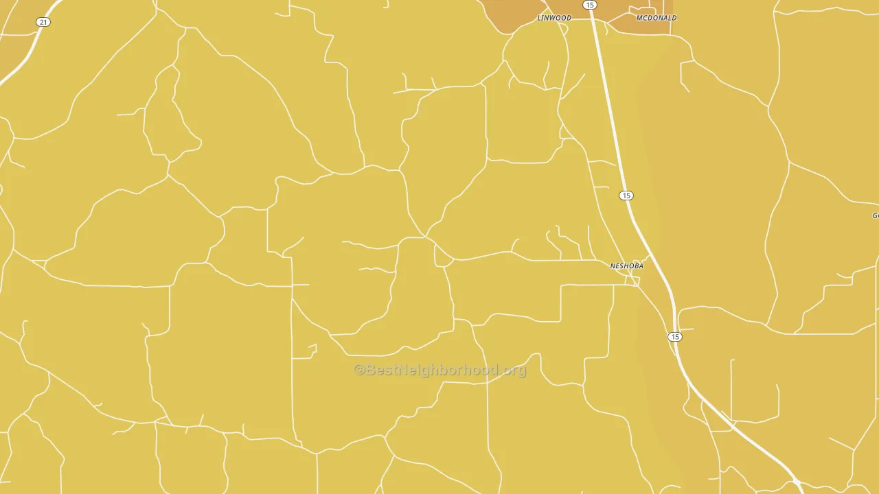 Map of the best neighborhoods in the Neshoba area, with better matches in green and worse matches in red