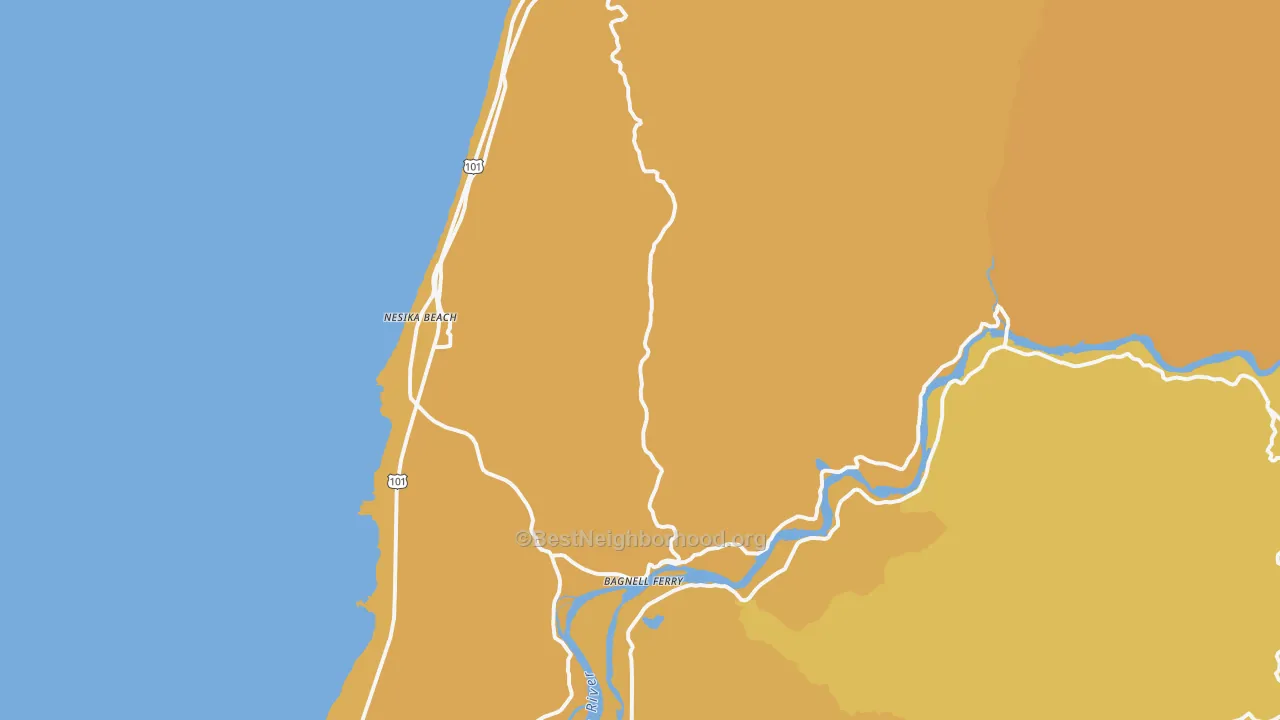 Map of the best neighborhoods in the Nesika Beach area, with better matches in green and worse matches in red
